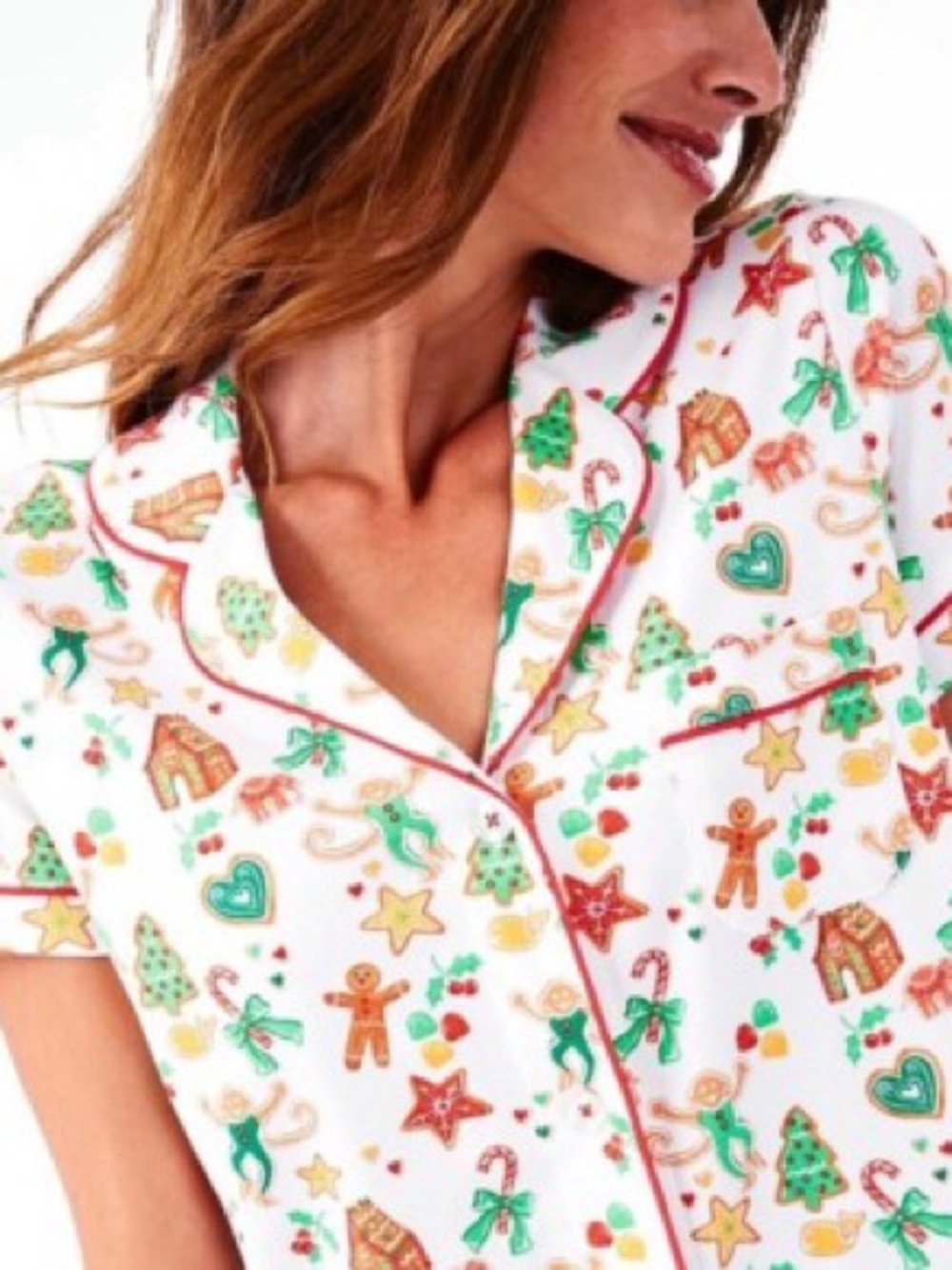 Roller Rabbit White Holiday Print Pajama Top with Green and Red Accents